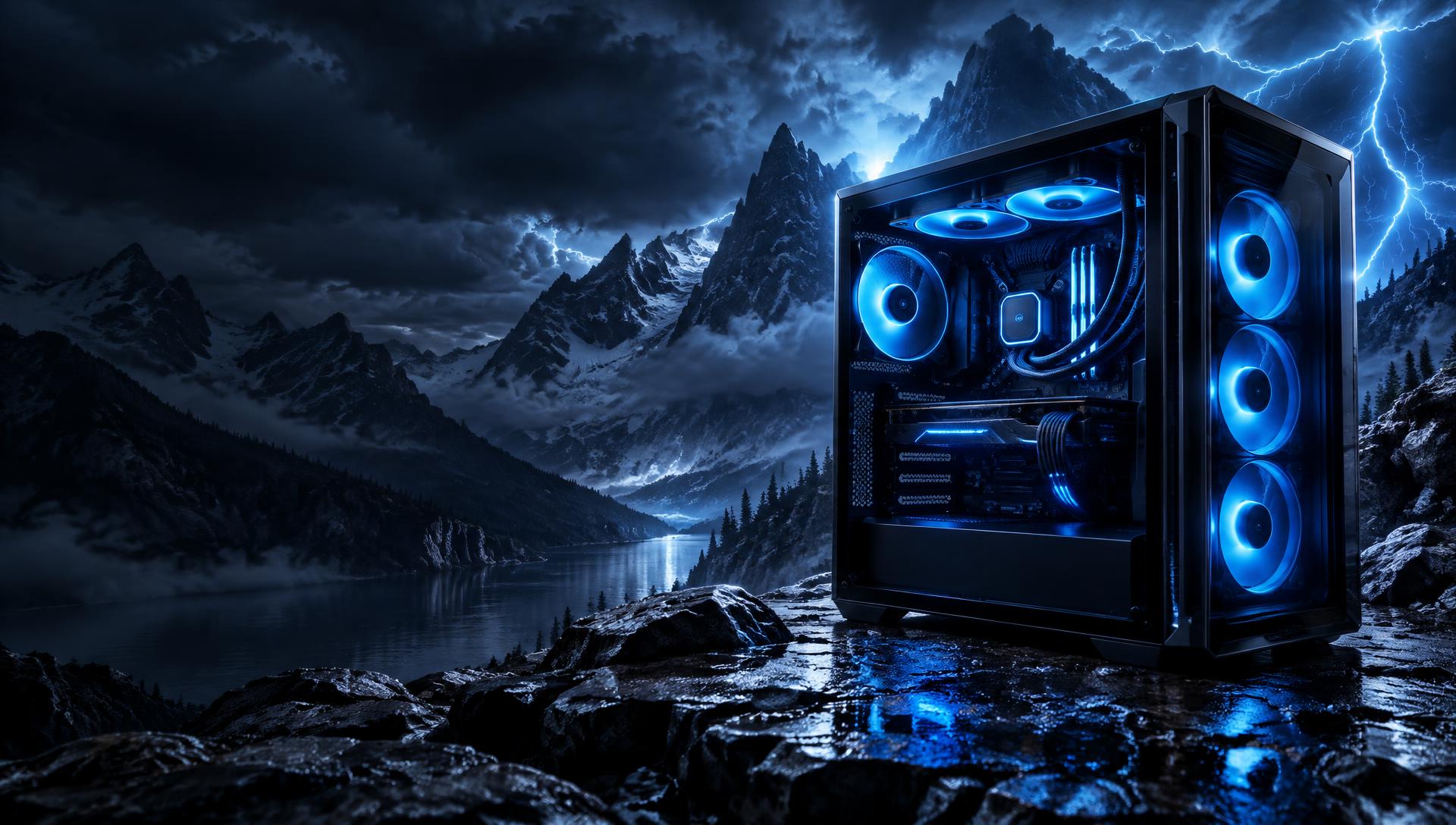 Blue-lit gaming PC against a dramatic mountain landscape